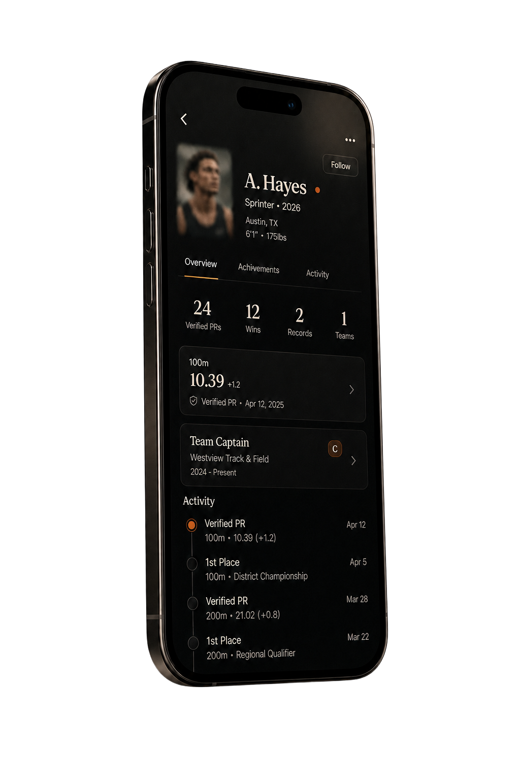 Roster athlete record shown on a dark phone mockup.